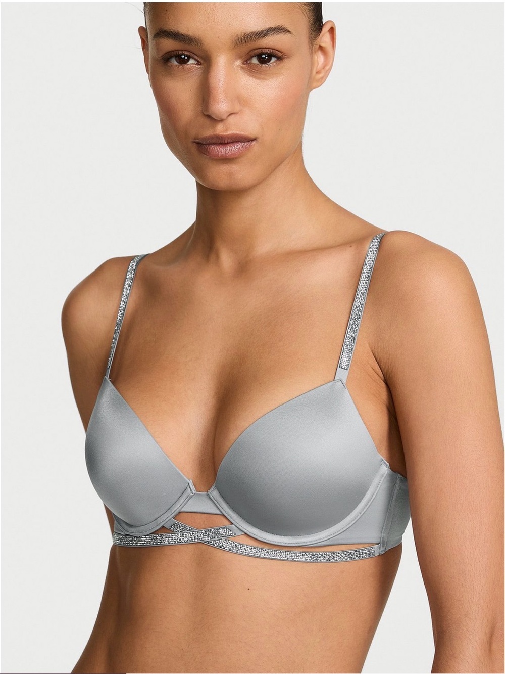 Victoria's Secret Silver Satin Plunge Bra with Glitter Trim
